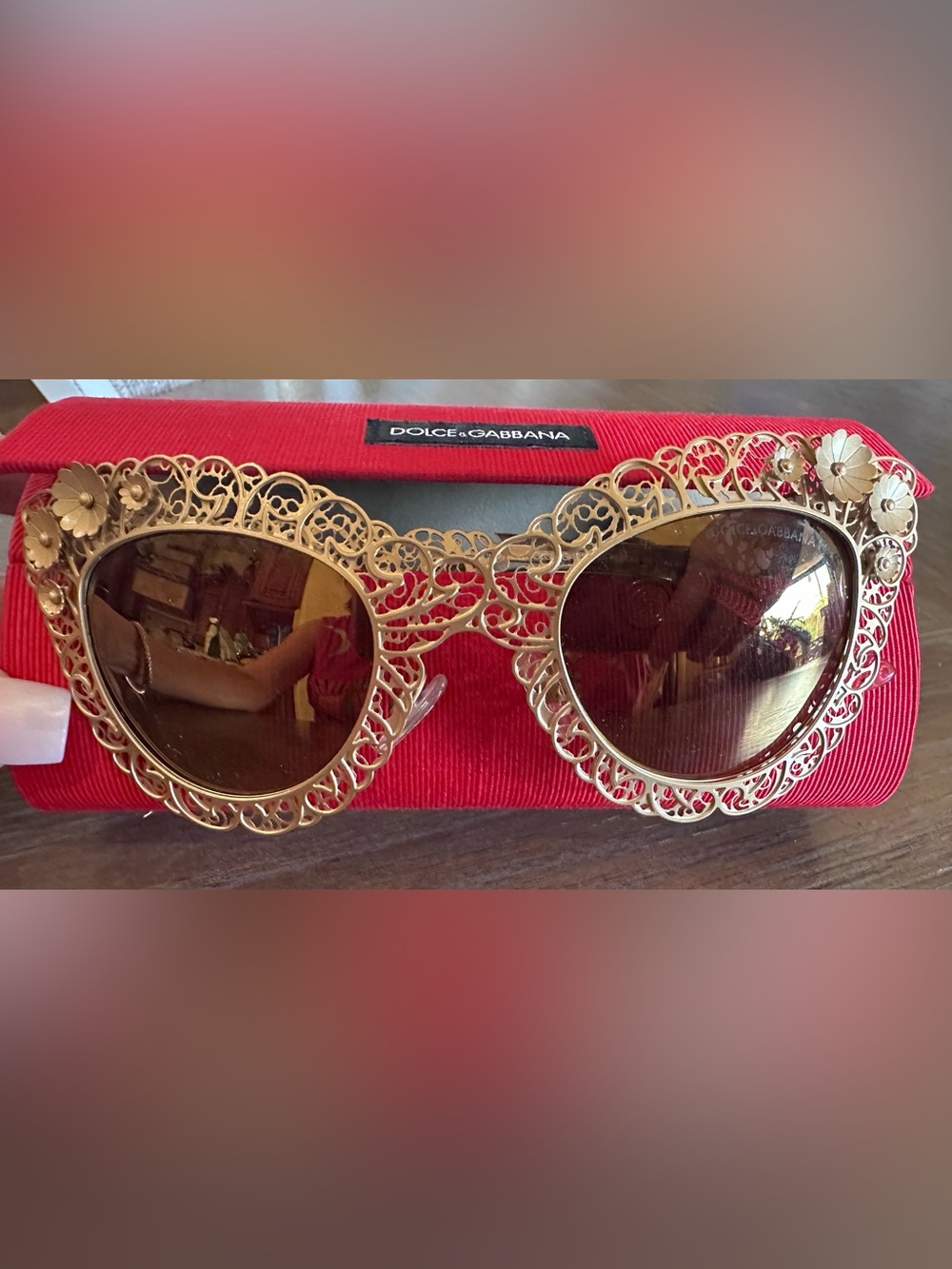 Dolce and Gabbana Gold Tone Cat Eye Filigrana Sunglasses